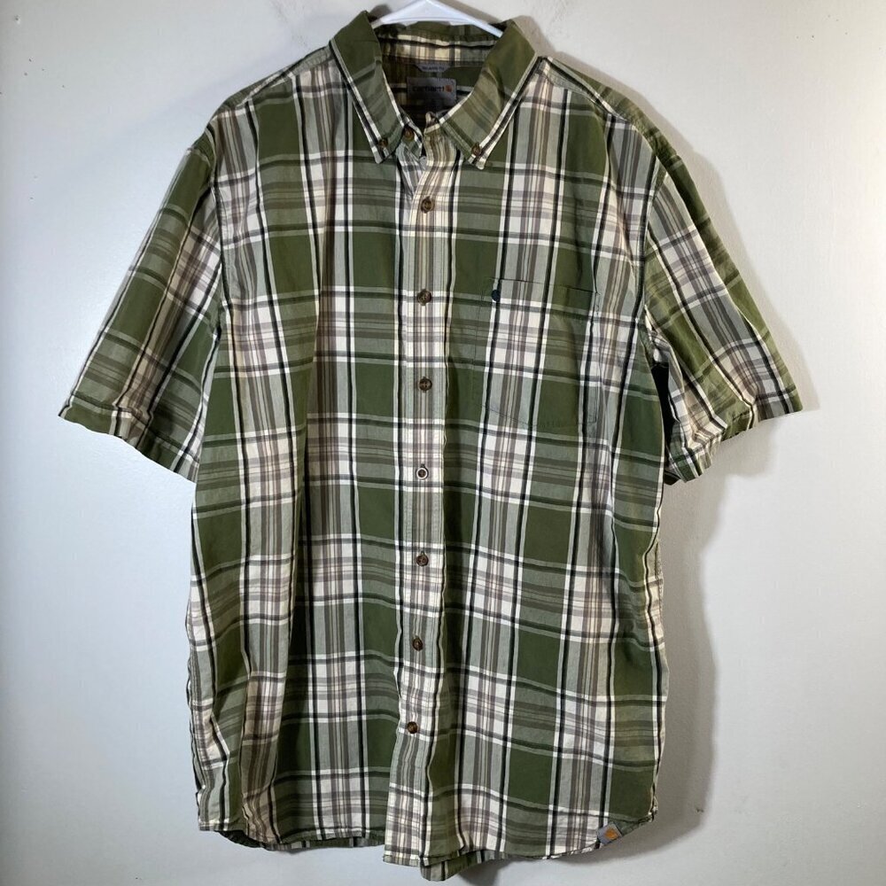 Mens Carhartt‎ Plaid Button Shirt Short Sleeve Green XL Tall 101552310